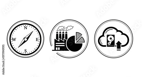 Three circular icons representing navigation, industry, and cloud data storage.