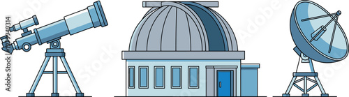 Astronomical Observatory with Telescope, Dome, and Satellite Dish for Science, Space, and Technology Graphics