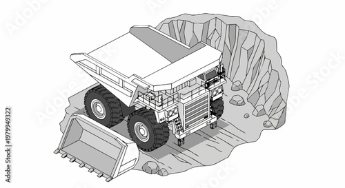 Isometric Line Art Illustration of a Massive Mining Haul Truck and Excavator Bucket in an Open-Pit Mine Quarry