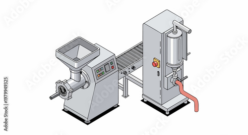 Isometric Industrial Meat Grinder and Sausage Stuffer Machine with Conveyor Belt - Meat Processing Production Line Illustration