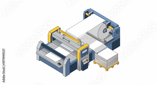 Isometric Industrial Paper Processing Machine for Large Scale Printing and Manufacturing Automation