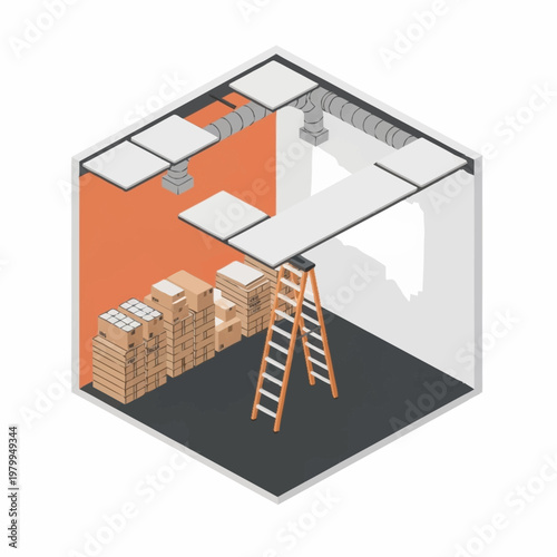 Warehouse storage unit with stacked boxes and ladder.
