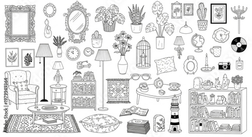 Hand Drawn Sketch of Cozy Living Room Interior Elements.