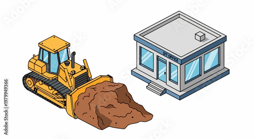 Isometric Construction Site Illustration Featuring a Yellow Bulldozer Pushing Dirt and a Modern Office Building for Real Estate Development and Land Clearing Concept