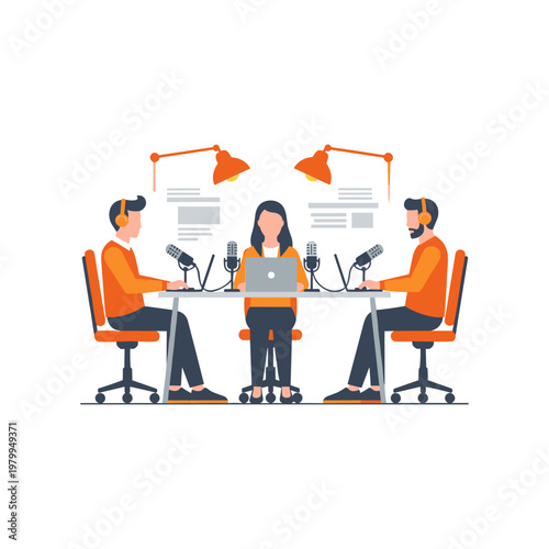 Three individuals participating in a podcast recording session together at a table.