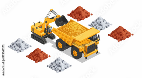 Isometric Heavy Mining Machinery Set with Yellow Excavator, Dumper Truck, and Ore Piles, Industrial Construction Site Illustration