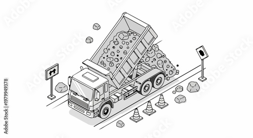 Isometric Line Art Illustration of a Dump Truck Unloading Rocks on a Road Construction Site, Tipper Truck Coloring Page with Traffic Cones and Road Signs