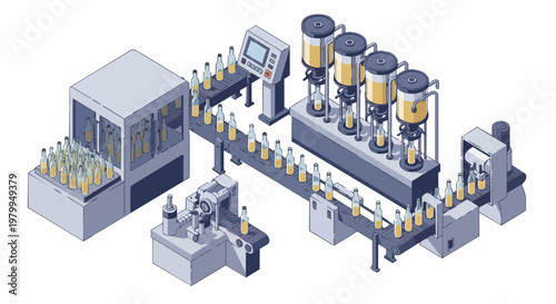 Isometric Automated Beverage Bottling Plant Illustration with Conveyor Belts and Filling Machines