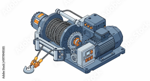 Industrial Electric Hoist Winch with Steel Rope and Control Panel, Isometric Vector Style Illustration for Engineering and Construction