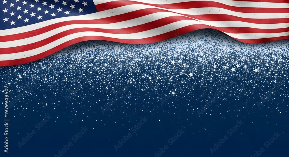 Obraz premium Waving american flag over a dark blue background with sparkling stars