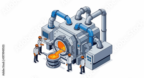 Isometric Industrial Foundry Illustration with Workers Operating a Smelting Furnace and Pouring Molten Metal