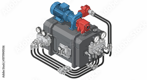 Isometric Industrial Hydraulic Power Unit with Electric Motor and Pressure Gauges on White Background - 3D Technical Engineering Illustration