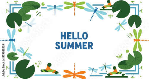 Hello Summer vector illustration with dragonflies, lily pads, and swimmers in flat modern style