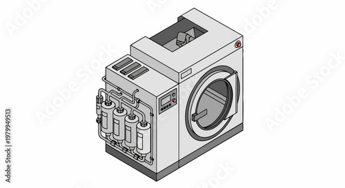 Industrial Dry Cleaning Machine Isometric Illustration, Commercial Laundry Equipment with Filtration System