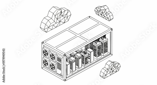 Isometric Line Art of Modular Data Center Container with Server Racks and Cloud Icons