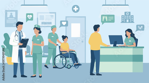 Healthcare professionals and patients in hospital reception, vector illustration