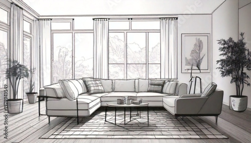 Modern Living Room Sketch with Large Sectional Sofa and Coffee Table.