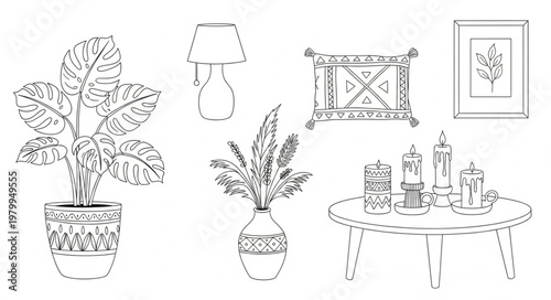 Hand Drawn Sketch of Home Decor Elements.