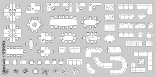 Furniture outline top view. Set of isolated linear icons for interior. Vector Illustration. Objects and elements for apartments, living room, bedroom, kitchen, bathroom. Bed, sofa, table. Floor plan