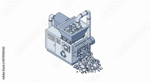 Isometric Industrial Shredder Machine for Waste Recycling and Scrap Metal Processing - 3D Vector Illustration for Environmental and Sustainability Concepts