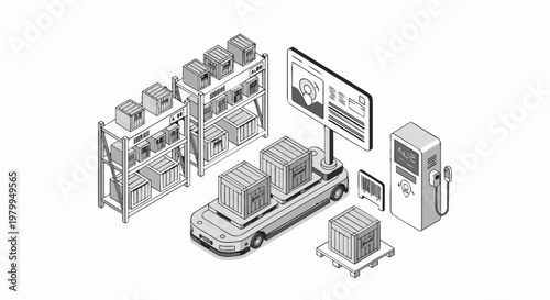 Isometric Line Art Illustration of an Automated Smart Warehouse with Autonomous Robots, Shelving Units, and Logistics Management Systems