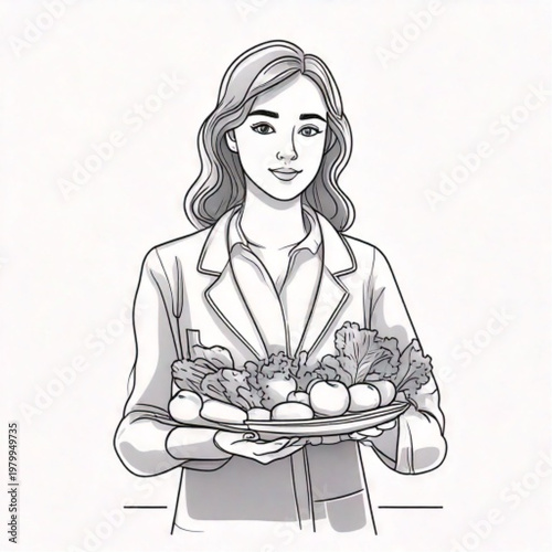 Woman holding a tray of food.