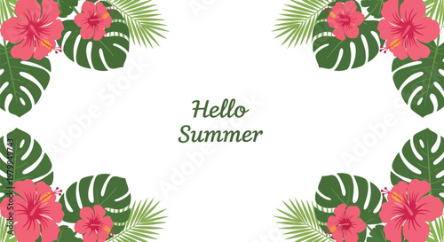 Tropical summer floral frame vector with hibiscus flowers and green palm leaves illustration