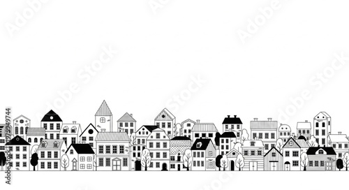 Hand-drawn Black and White Cityscape with Diverse Buildings.
