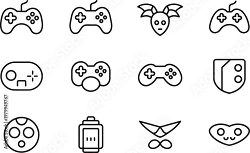 A collection of black line icons representing various gaming controllers and virtual reality equipment symbols