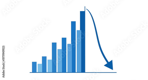 Blue bar graph shows growth then a sharp decline with a downward arrow indicating loss.