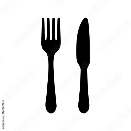 Simple and Minimalist Black and White Cutlery Depiction of a Fork and Knife