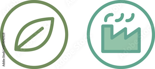 Eco friendly green leaf and industrial factory smoke icons representing environmental sustainability and modern production processes