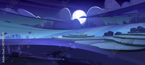 Rice field terraces, green paddy at night