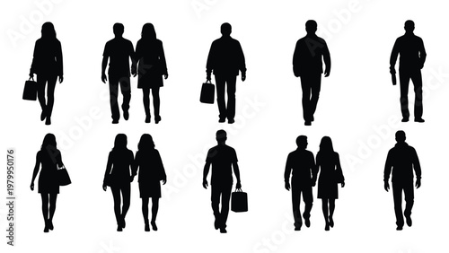 A collection of black silhouettes depicts diverse people walking some carrying shopping bags against a stark white background high quality professional