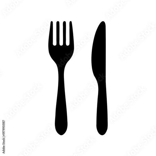 Simple black and white dining utensils icon representing a fork and knife