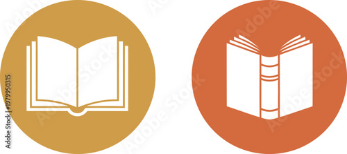 Two circular icons displaying open books for educational materials libraries or reading school literature programs