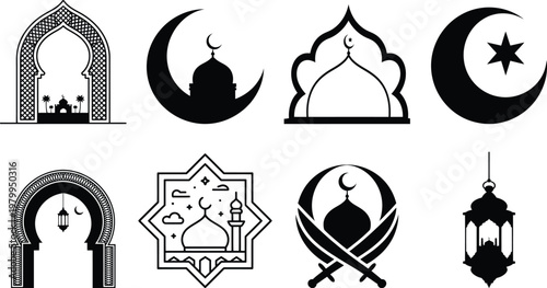 Black Islamic symbols and mosque with crescent moons and stars muslim