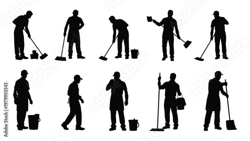 A collection of silhouetted figures depicting various cleaning personnel engaged in janitorial tasks with different tools high quality professional detailed modern