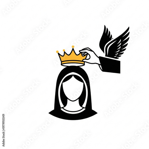 Minimalist illustration of a celestial winged hand crowning a holy woman with a golden crown