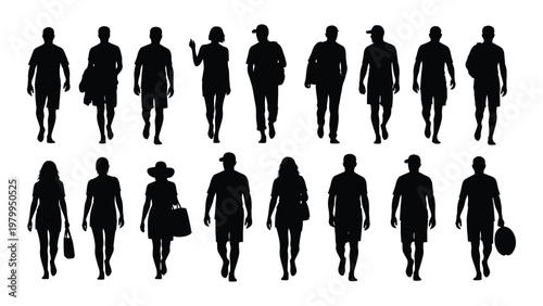 A collection of diverse silhouettes depicting people walking in various casual outfits isolated on a solid white background high quality professional
