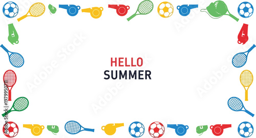 Summer Sports Border Vector with Tennis Rackets, Balls, Whistles, and Colorful Elements