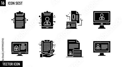 Collection of modern icons representing profiles, resumes, and digital documents