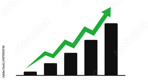 Green arrow graph shows upward trend on bar chart, symbolizing financial growth and success.