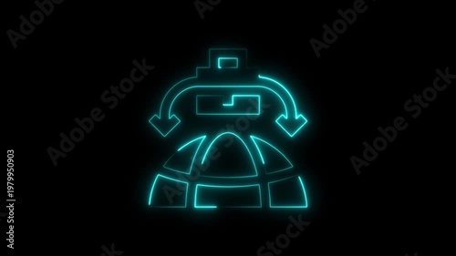 Cyan Neon Icon of a Robot Head with Arrows and Globe Base on Black Background blue