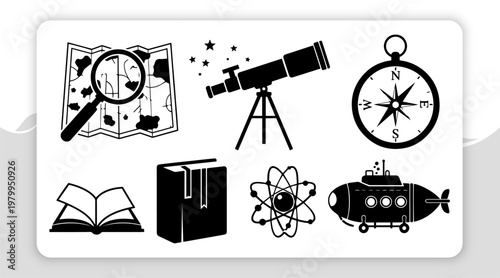 Explore an enormous universe of discovery and knowledge with this captivating collection of science and adventure silhouettes. Essential icons for learning and exploration projects