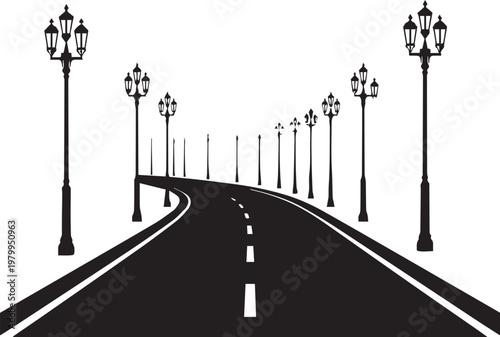 City infrastructure silhouette vector illustration of curved road with street lamps on transparent background