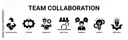 Team Collaboration devops banner with teamwork,feedback and communication icons for agile culture and team synergy
