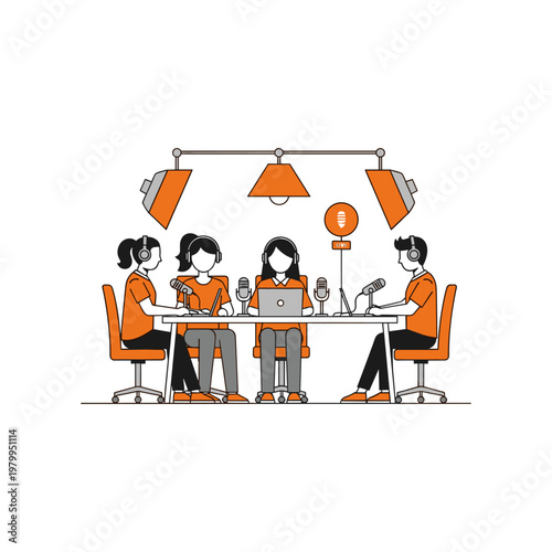 Four individuals participating in a virtual roundtable discussion setup with recording equipment