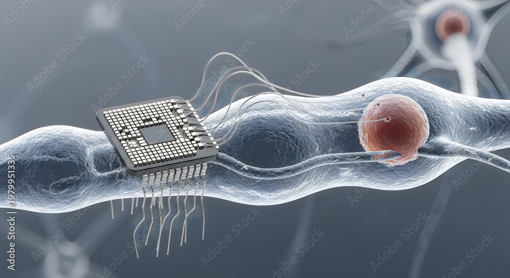 Obraz premium 3d render of futuristic nanobot navigating neural network, advanced technology concept, medical innovation, high-tech science, digital health
