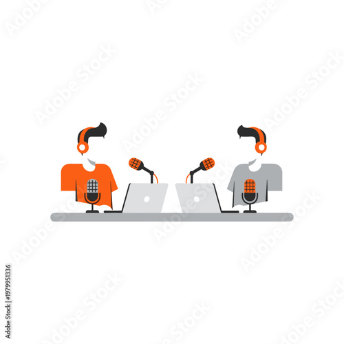 Two animated figures engaging in a virtual podcast or interview session from their desks.